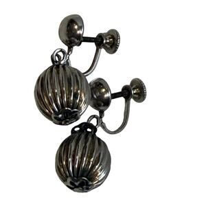 Fluted Drop Dangle Bead, Silver Tone Clip Back Earrings